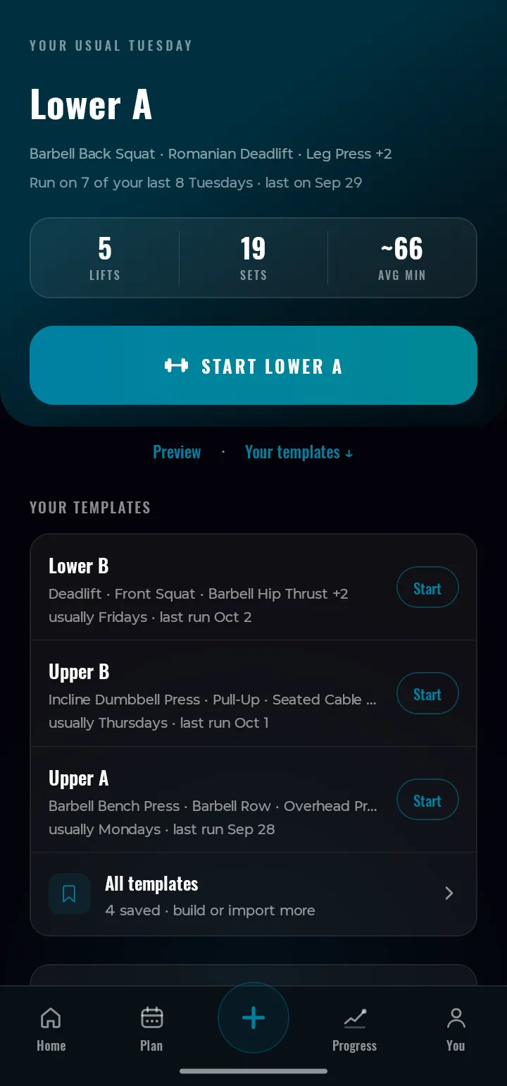 The Rebar Log tab: the template usually run on this weekday, ready to start, and saved templates each marked with the day they usually run (sample data).