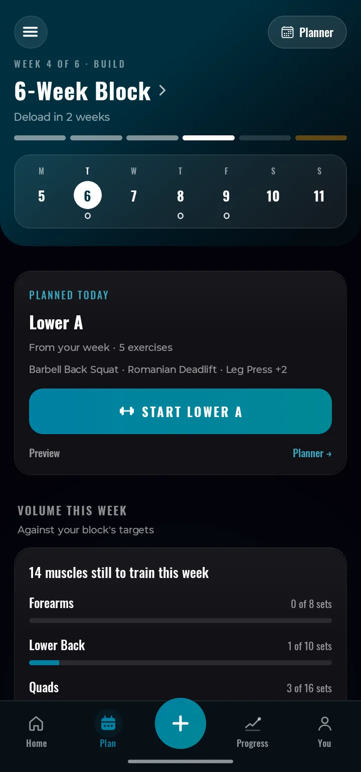 The Rebar Plan tab during a Premium training block: week 4 of 6, the week's planned sessions, today's session ready to start, and weekly volume against the block's targets (sample data).